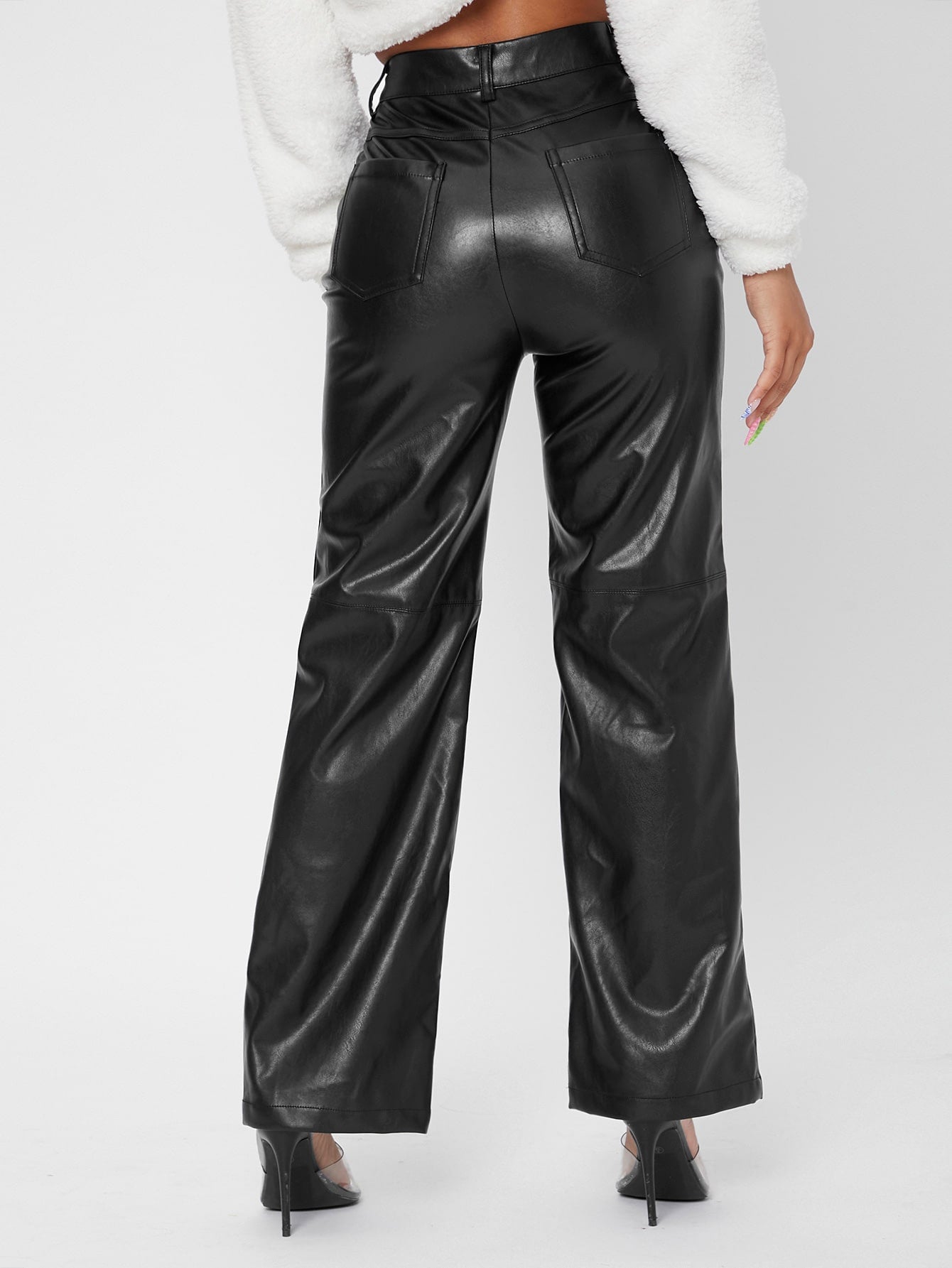 Sofía-Pantalones unicolor de talle alto de pierna recta cuero PU