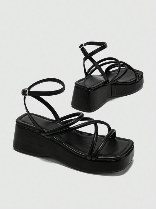 Blanca-Sandalias de cuña para mujeres con tirantes de tobillo