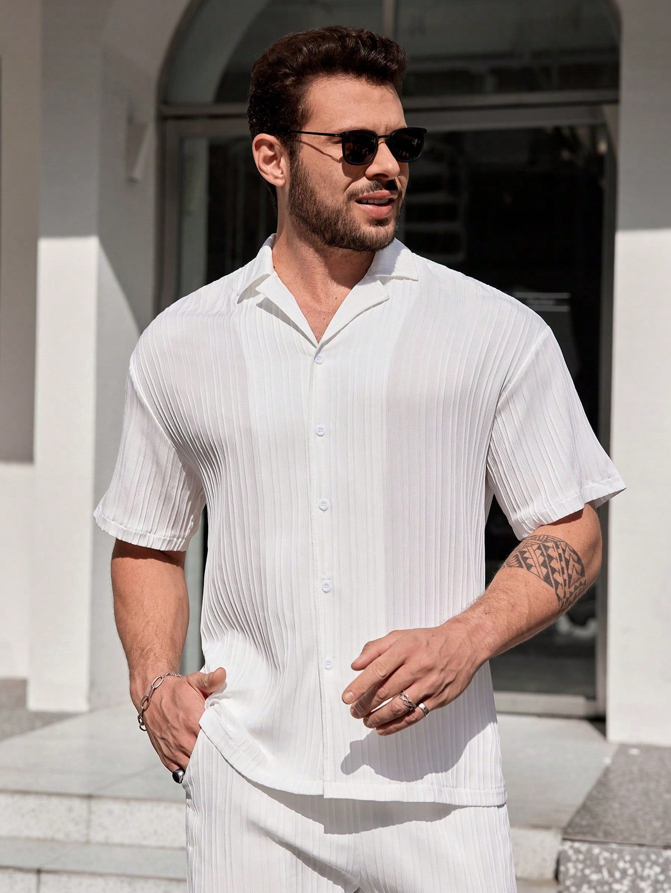 Angelo-Conjunto De Camisa Y Pantalón Con Botones Y Texturizados De Color Sólido