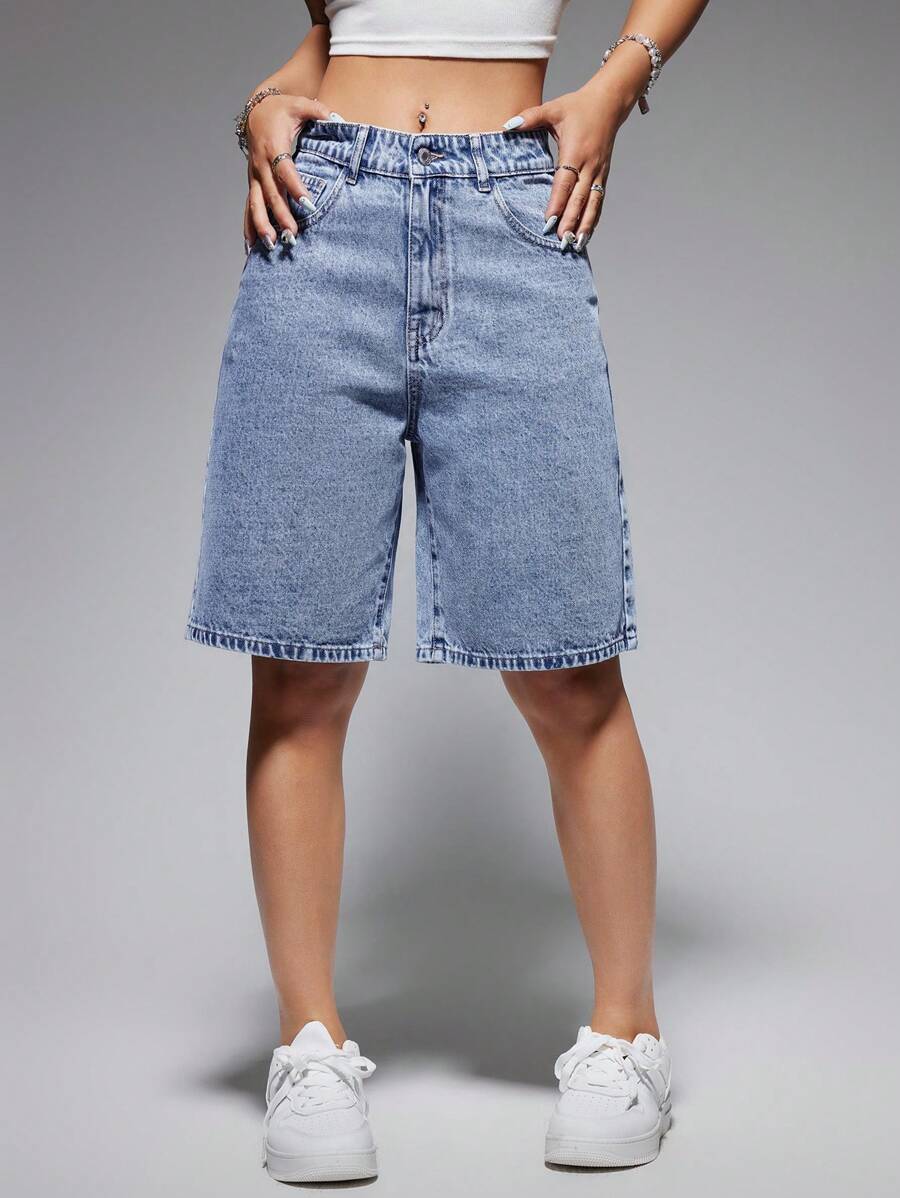 Celeste-Shorts de mezclilla simples casuales de unicolor para el verano