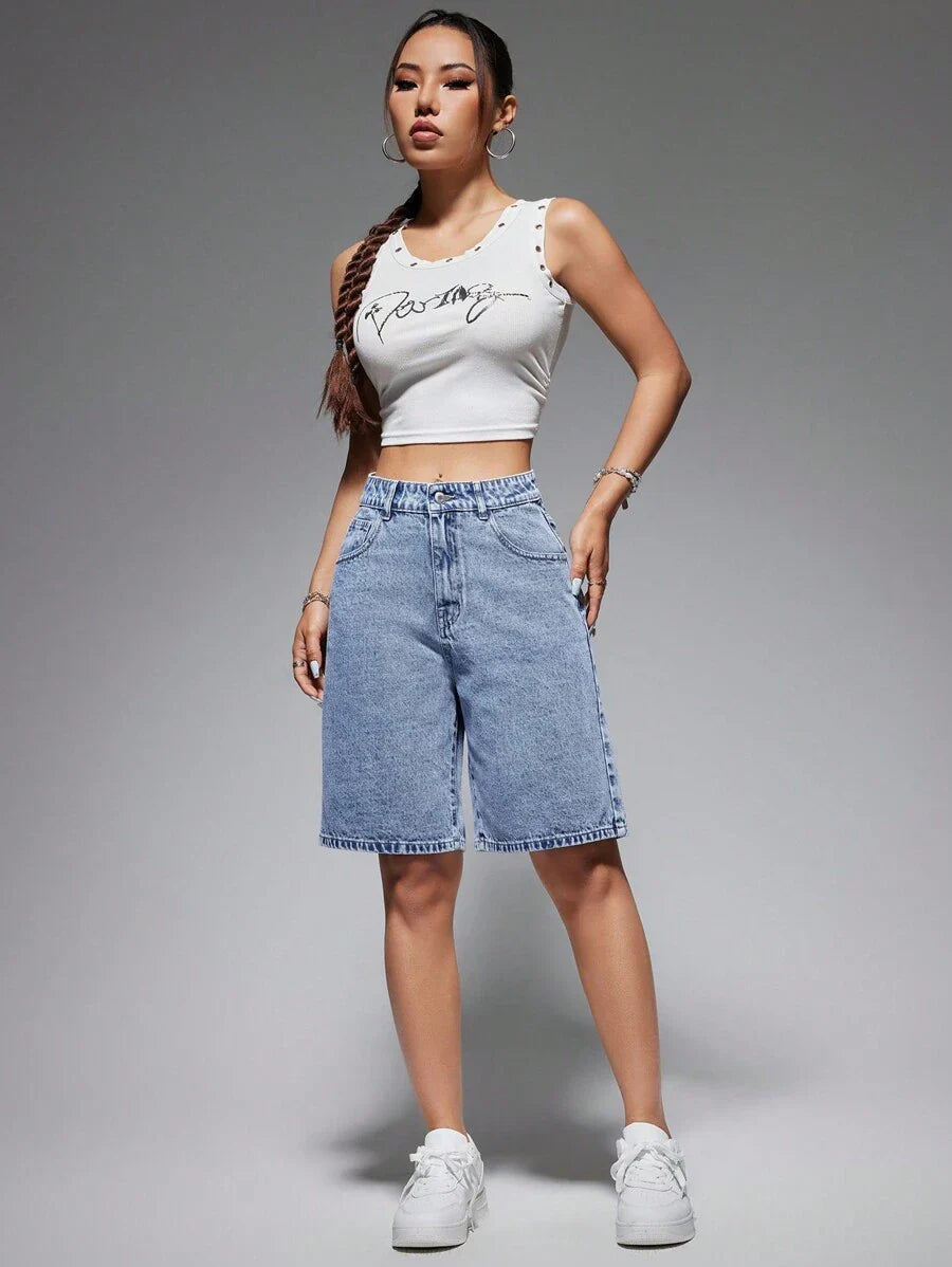 Celeste-Shorts de mezclilla simples casuales de unicolor para el verano