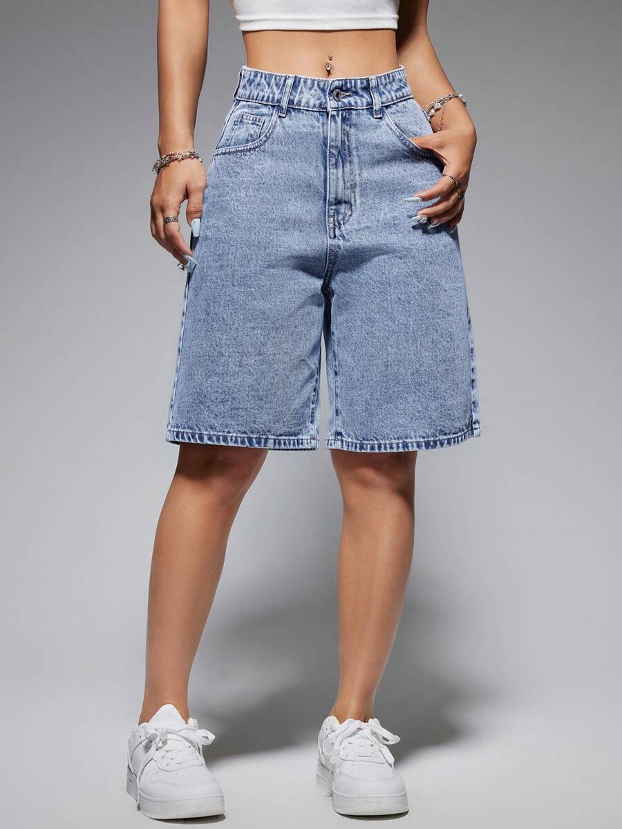 Celeste-Shorts de mezclilla simples casuales de unicolor para el verano