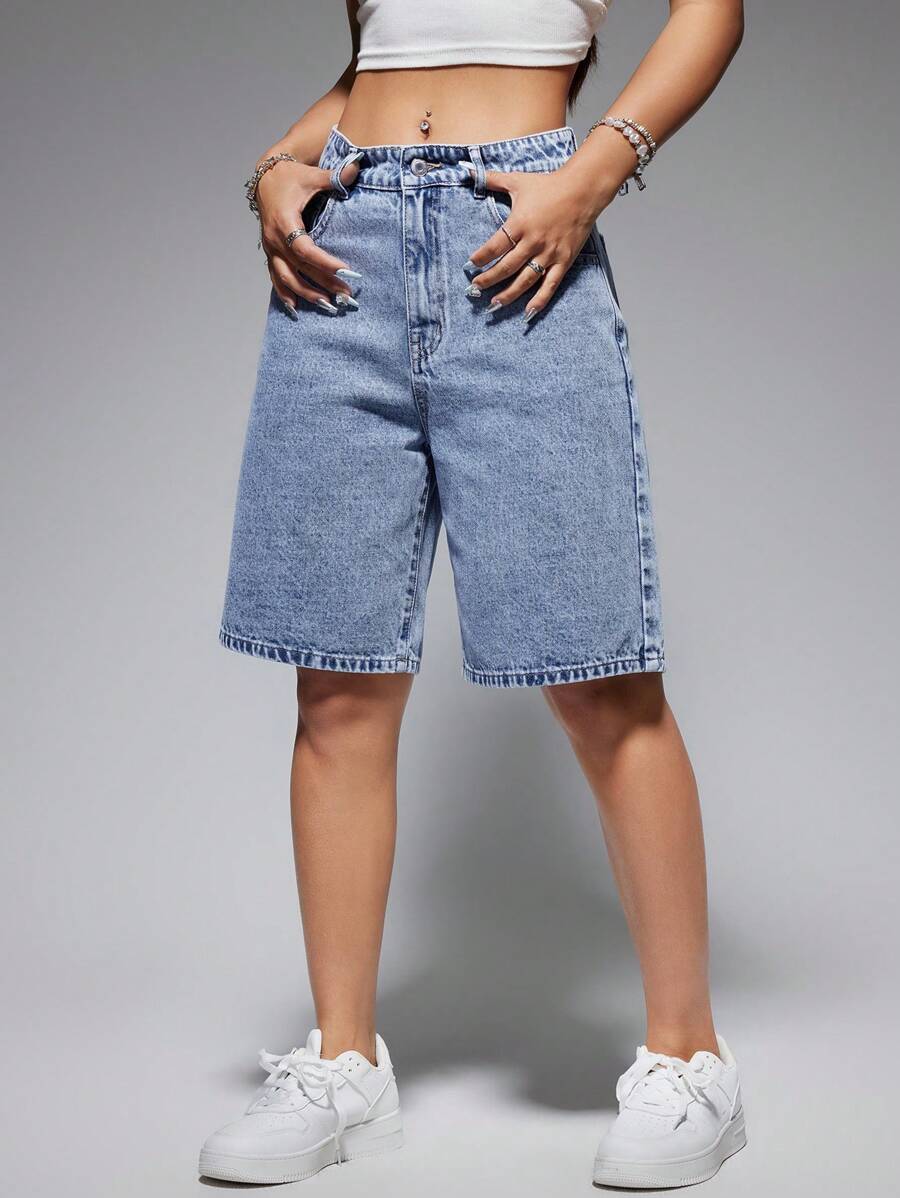 Celeste-Shorts de mezclilla simples casuales de unicolor para el verano