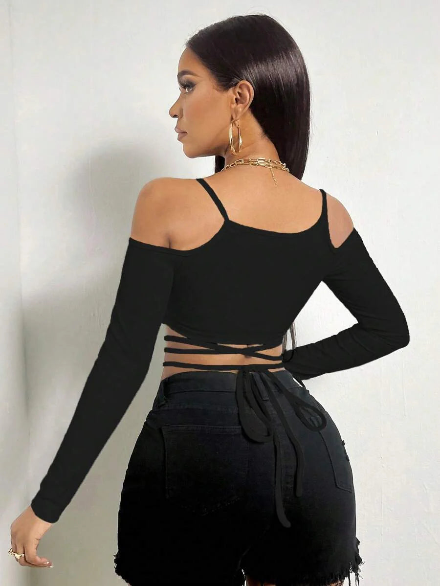 Yolanda-Top de mujer de unicolor con hombro descubierto y tiras cruzadas