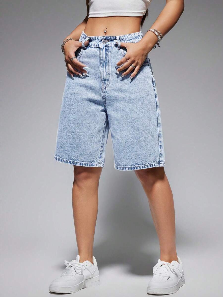Celeste-Shorts de mezclilla simples casuales de unicolor para el verano