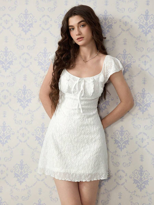 Cristina-Vestido mini de encaje blanco de punto para mujer