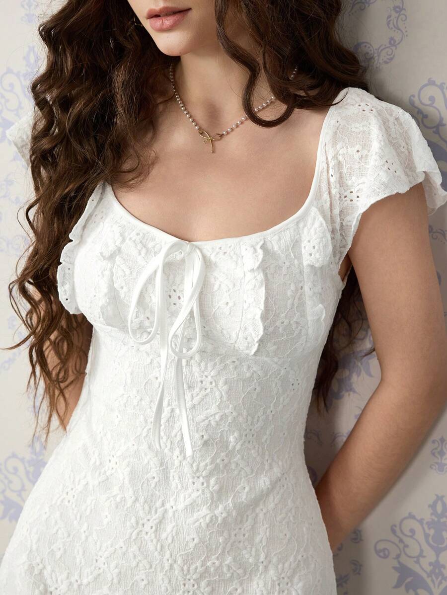 Cristina-Vestido mini de encaje blanco de punto para mujer