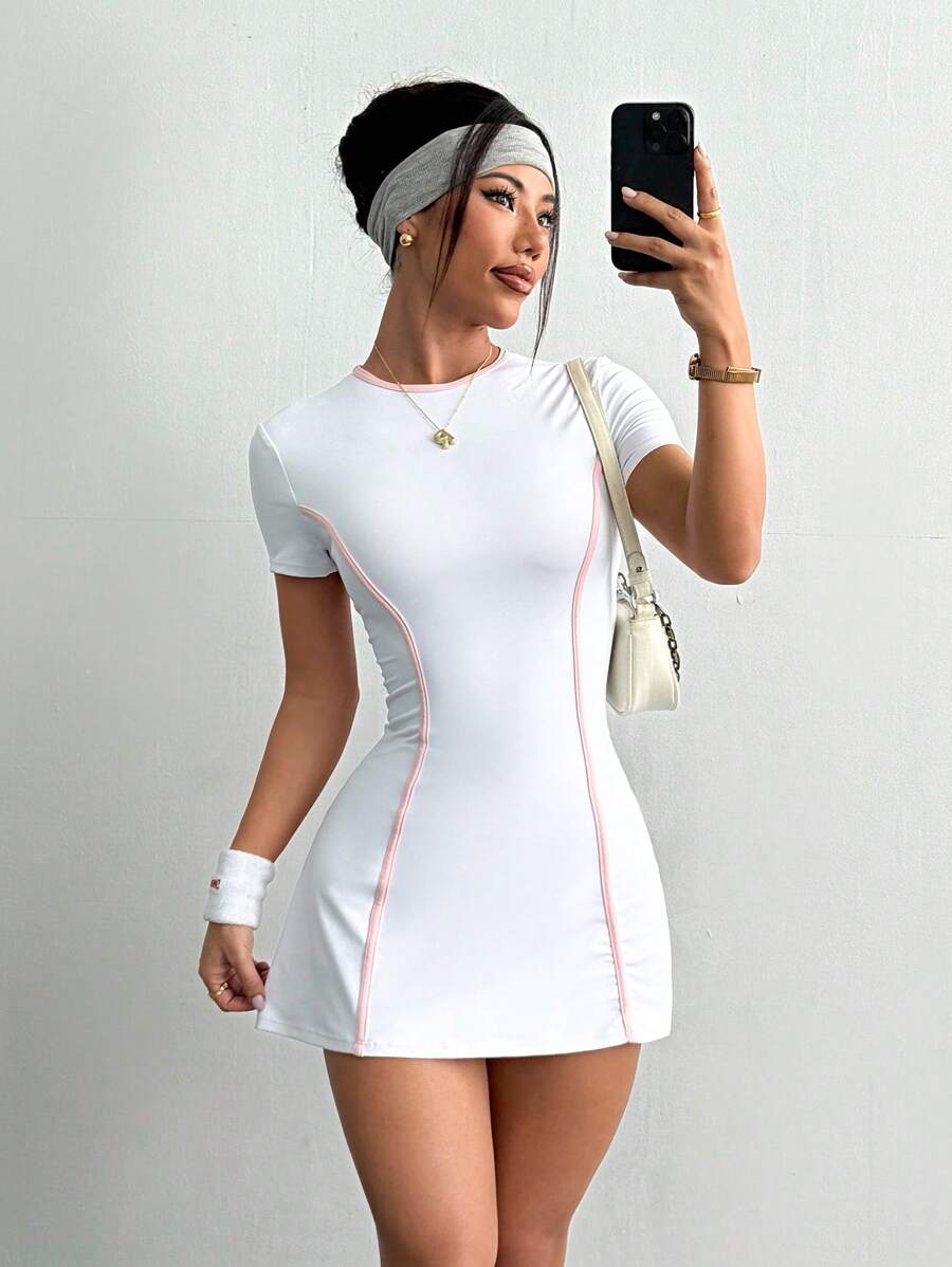 Daniela-Vestido deportivode manga corta y ajuste delgado con pantalones cortos y bolsillo para teléfono