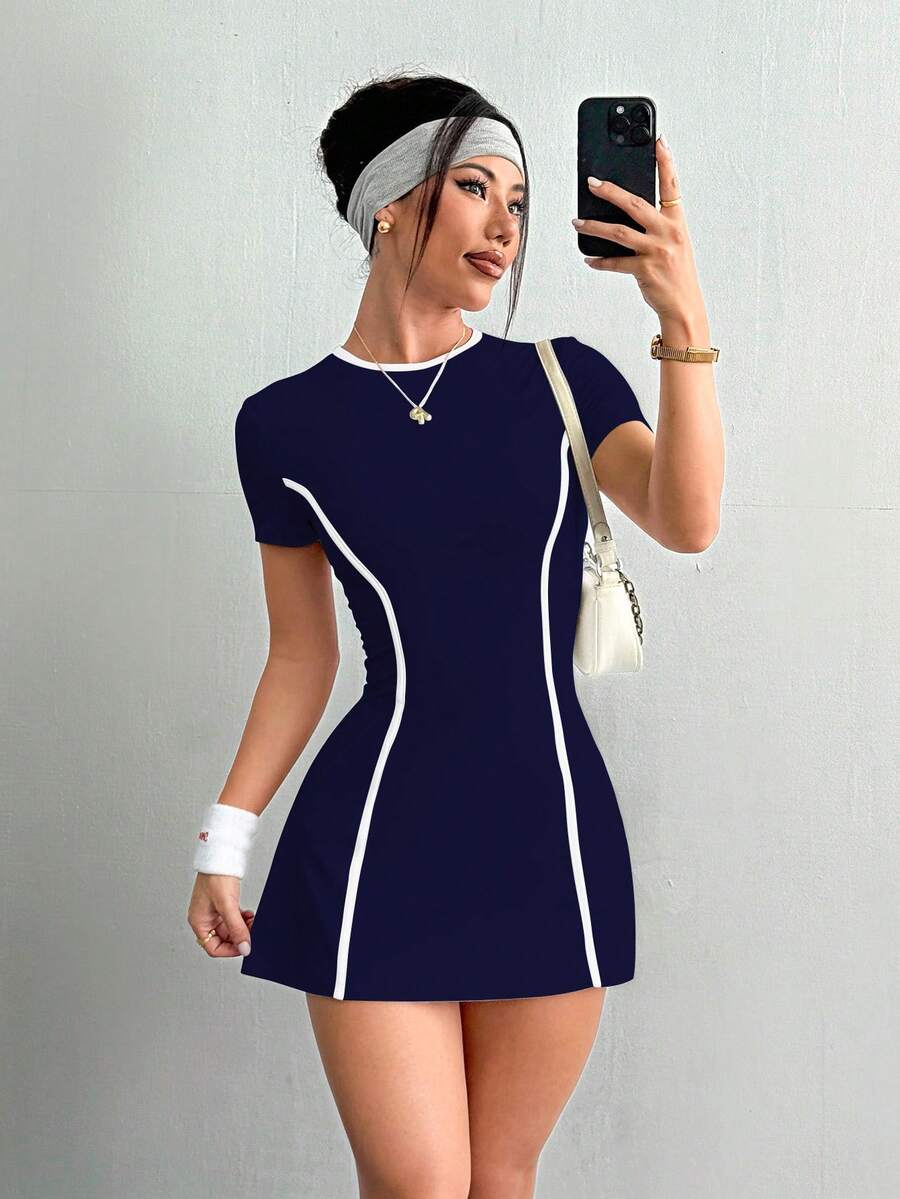 Daniela-Vestido deportivode manga corta y ajuste delgado con pantalones cortos y bolsillo para teléfono