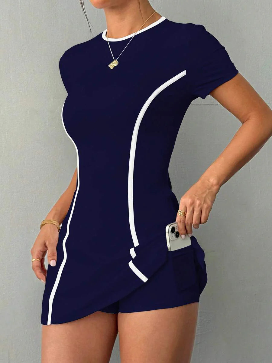 Daniela-Vestido deportivode manga corta y ajuste delgado con pantalones cortos y bolsillo para teléfono