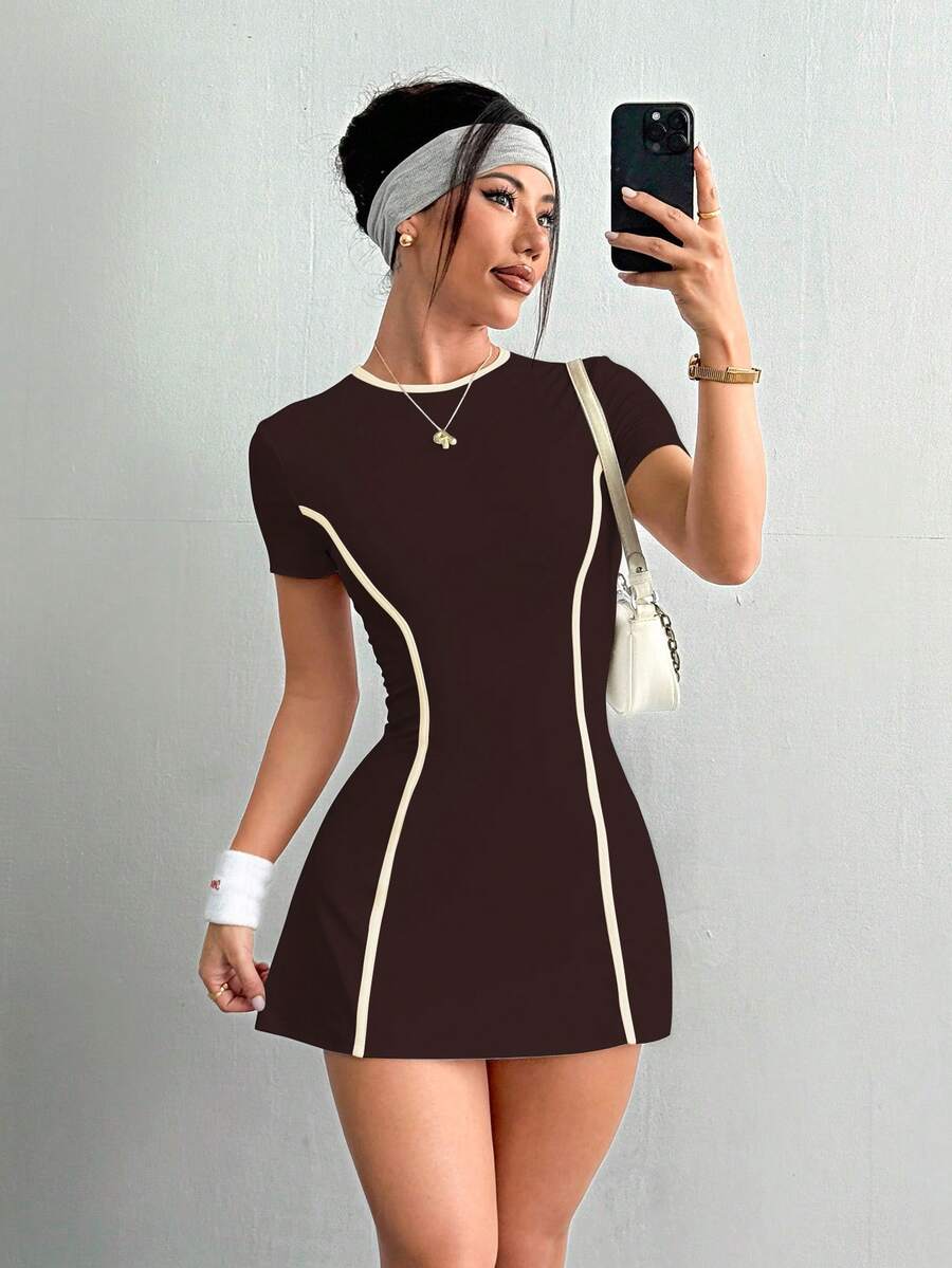 Daniela-Vestido deportivode manga corta y ajuste delgado con pantalones cortos y bolsillo para teléfono