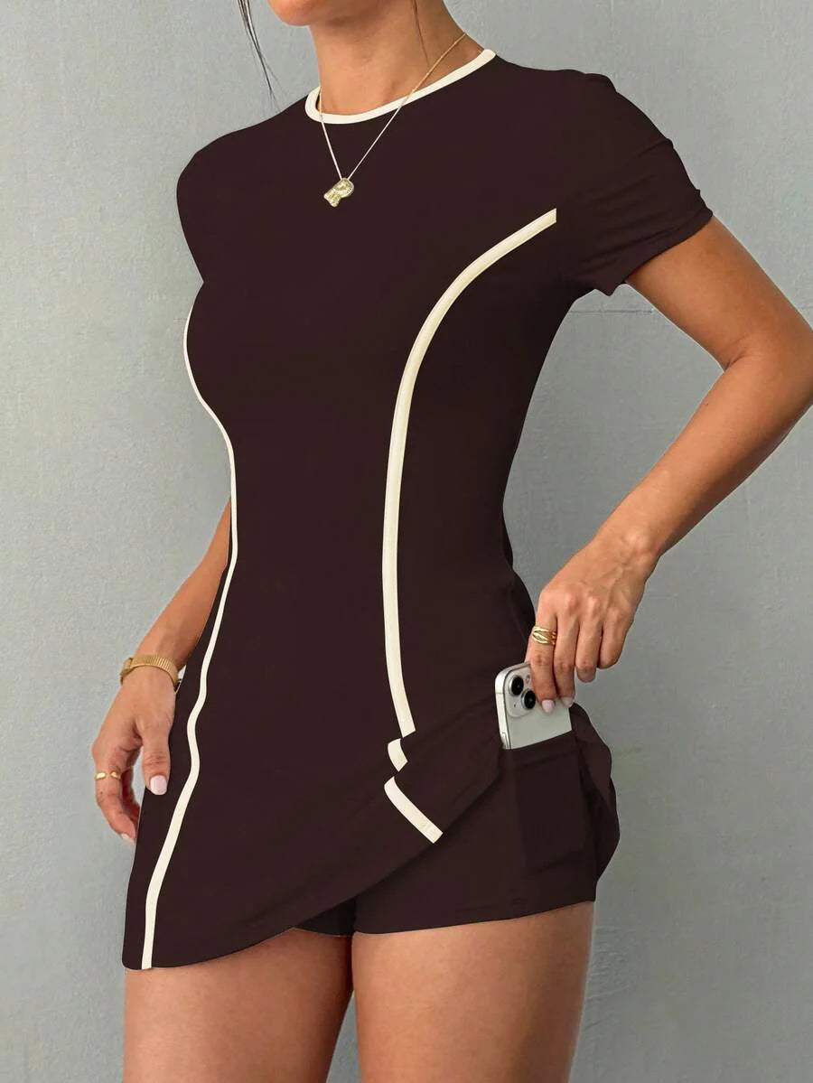 Daniela-Vestido deportivode manga corta y ajuste delgado con pantalones cortos y bolsillo para teléfono