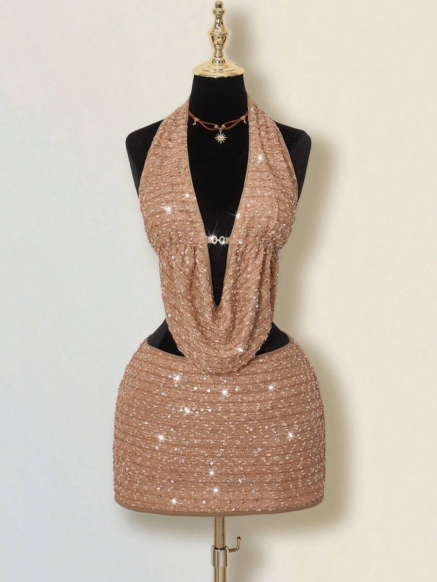 Claudia-Set de 2 piezas: top de tirantes ajustado con lentejuelas y flecos, y mini falda ajustada