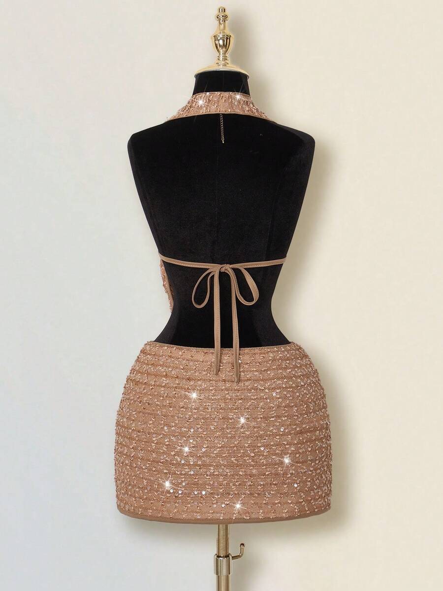 Claudia-Set de 2 piezas: top de tirantes ajustado con lentejuelas y flecos, y mini falda ajustada