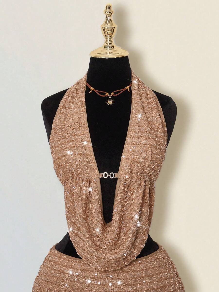 Claudia-Set de 2 piezas: top de tirantes ajustado con lentejuelas y flecos, y mini falda ajustada