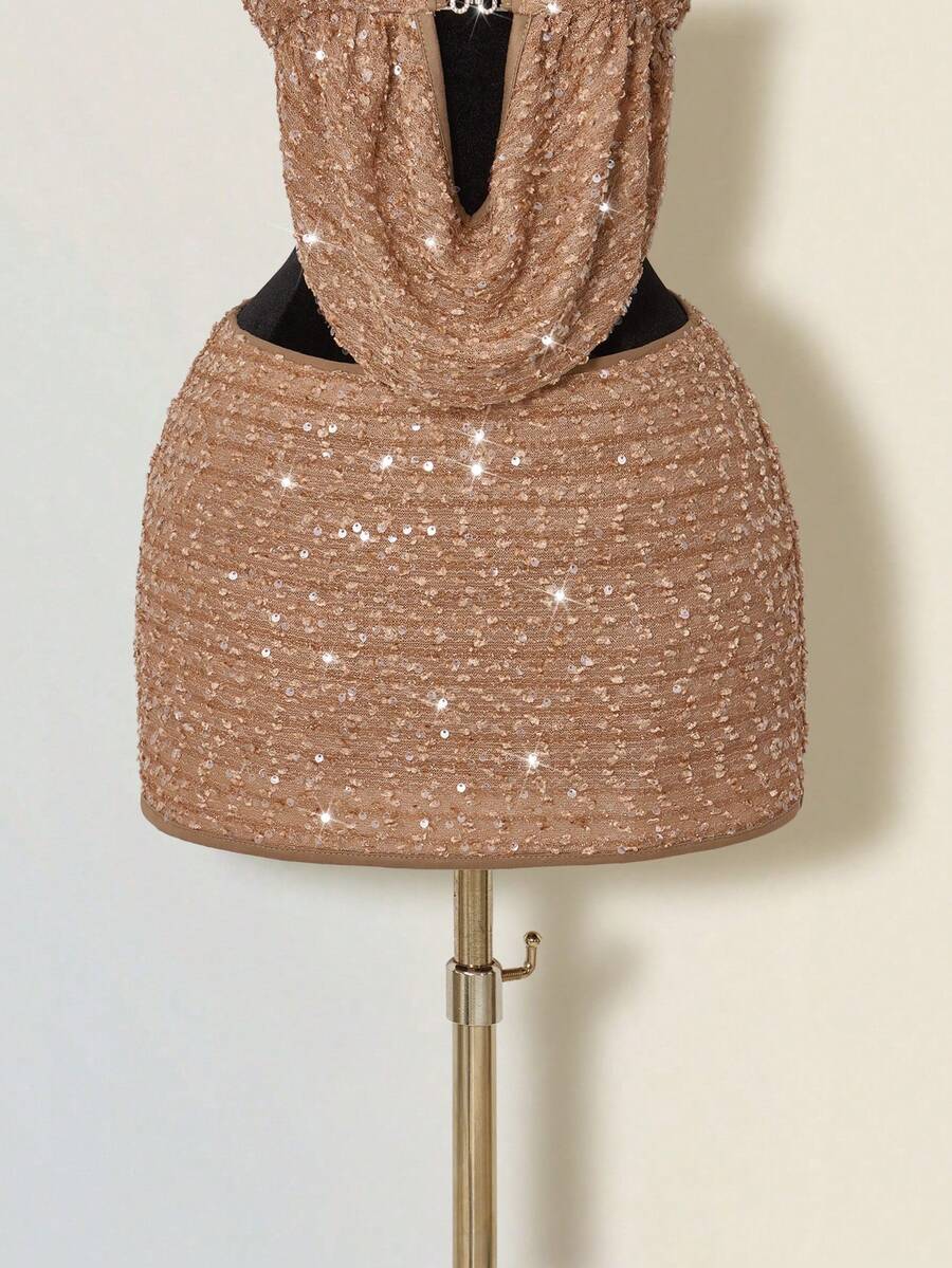 Claudia-Set de 2 piezas: top de tirantes ajustado con lentejuelas y flecos, y mini falda ajustada