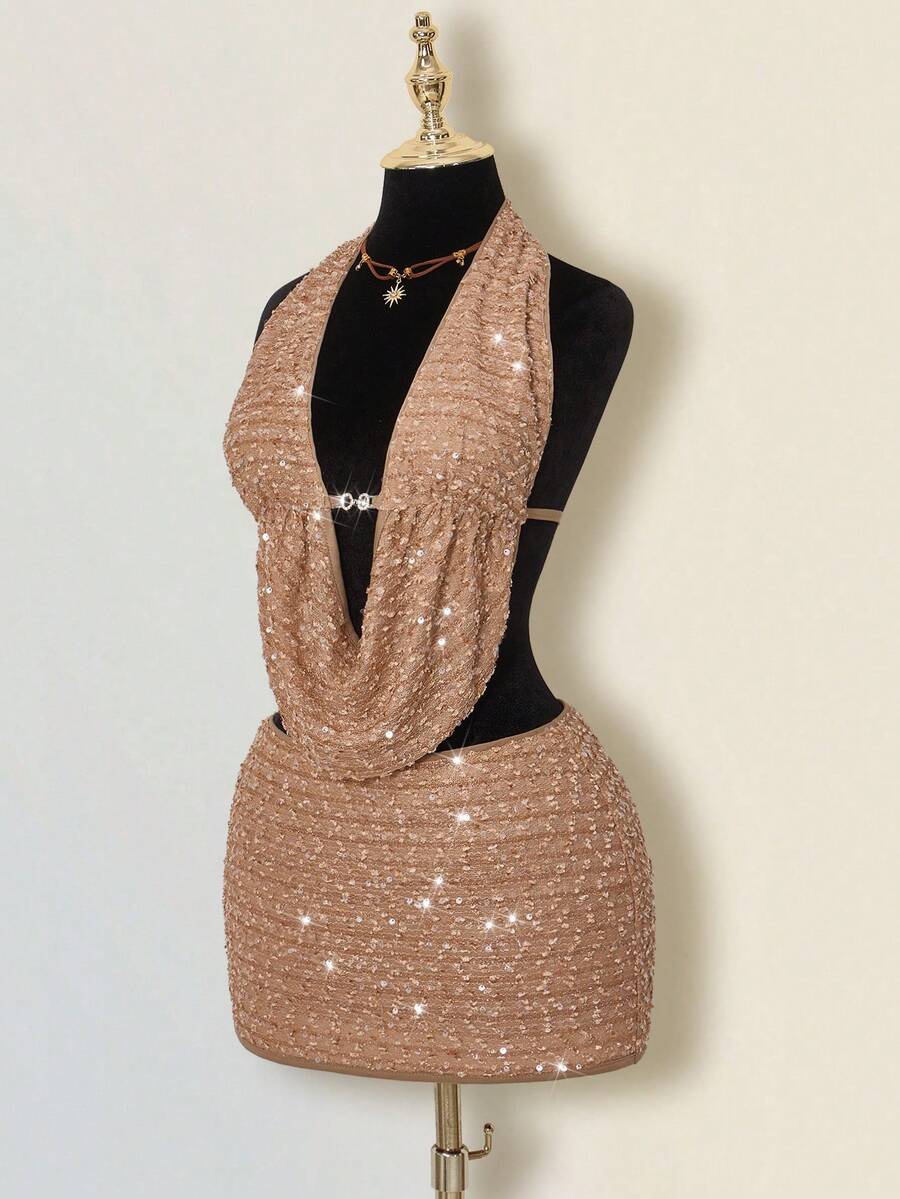 Claudia-Set de 2 piezas: top de tirantes ajustado con lentejuelas y flecos, y mini falda ajustada