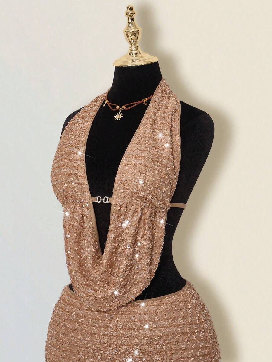 Claudia-Set de 2 piezas: top de tirantes ajustado con lentejuelas y flecos, y mini falda ajustada