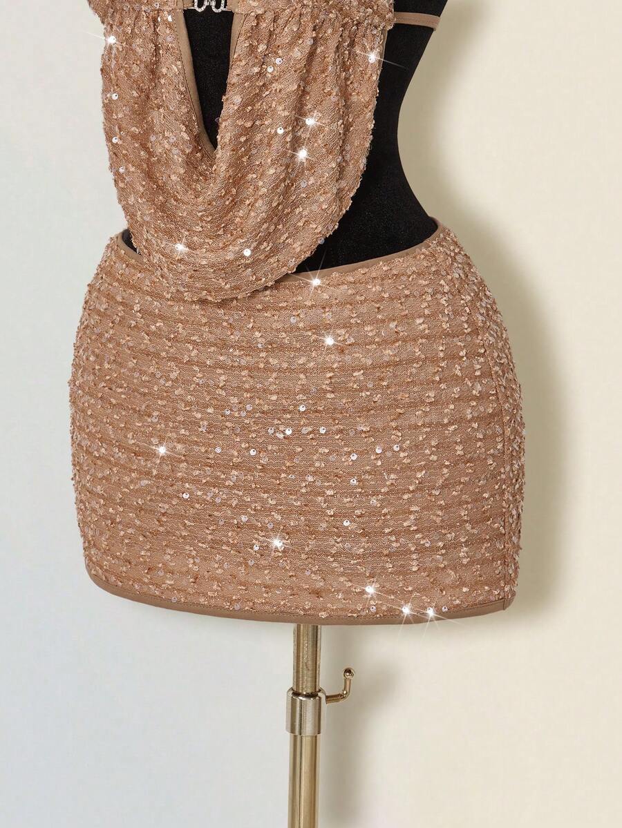 Claudia-Set de 2 piezas: top de tirantes ajustado con lentejuelas y flecos, y mini falda ajustada