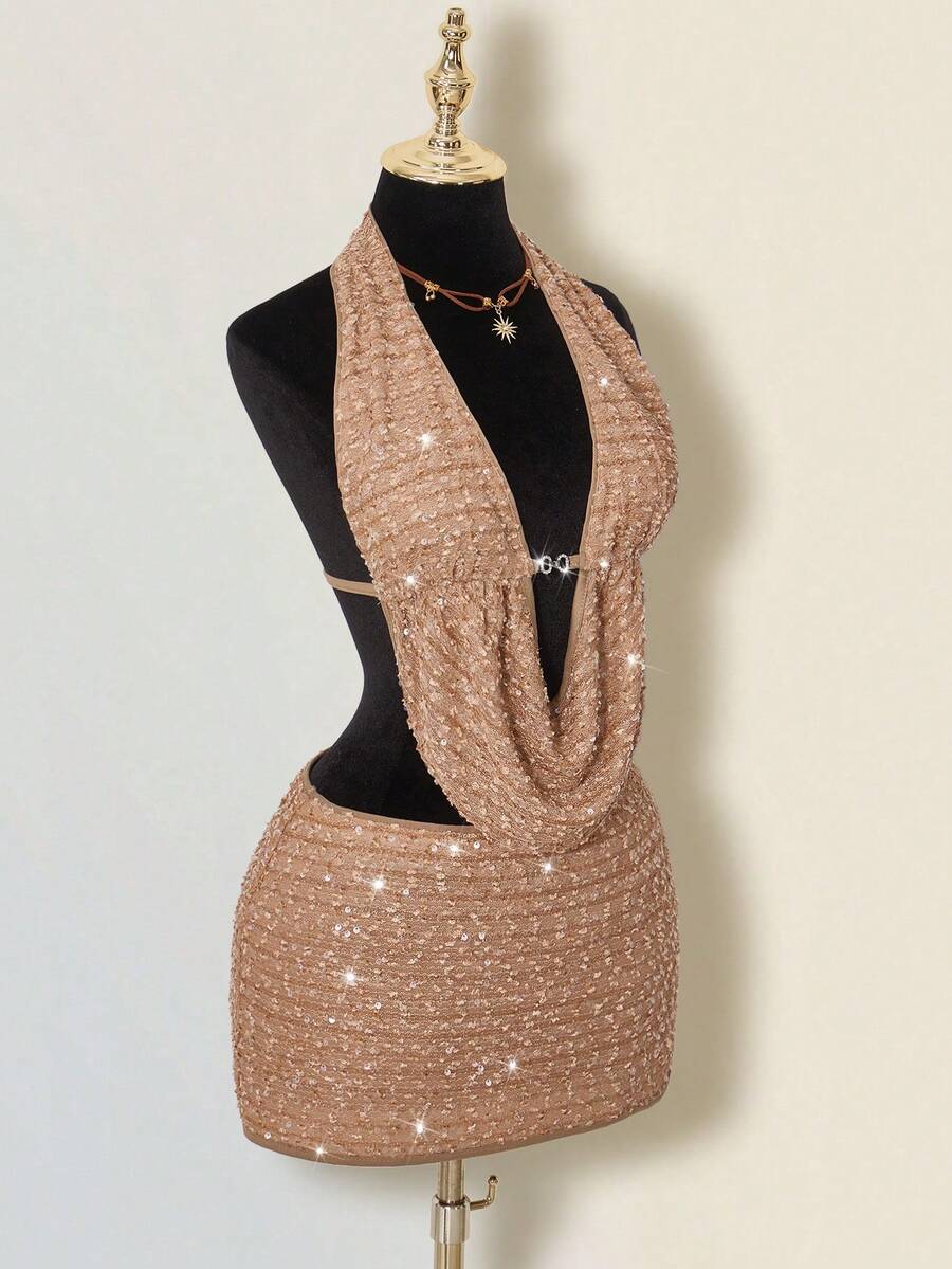 Claudia-Set de 2 piezas: top de tirantes ajustado con lentejuelas y flecos, y mini falda ajustada