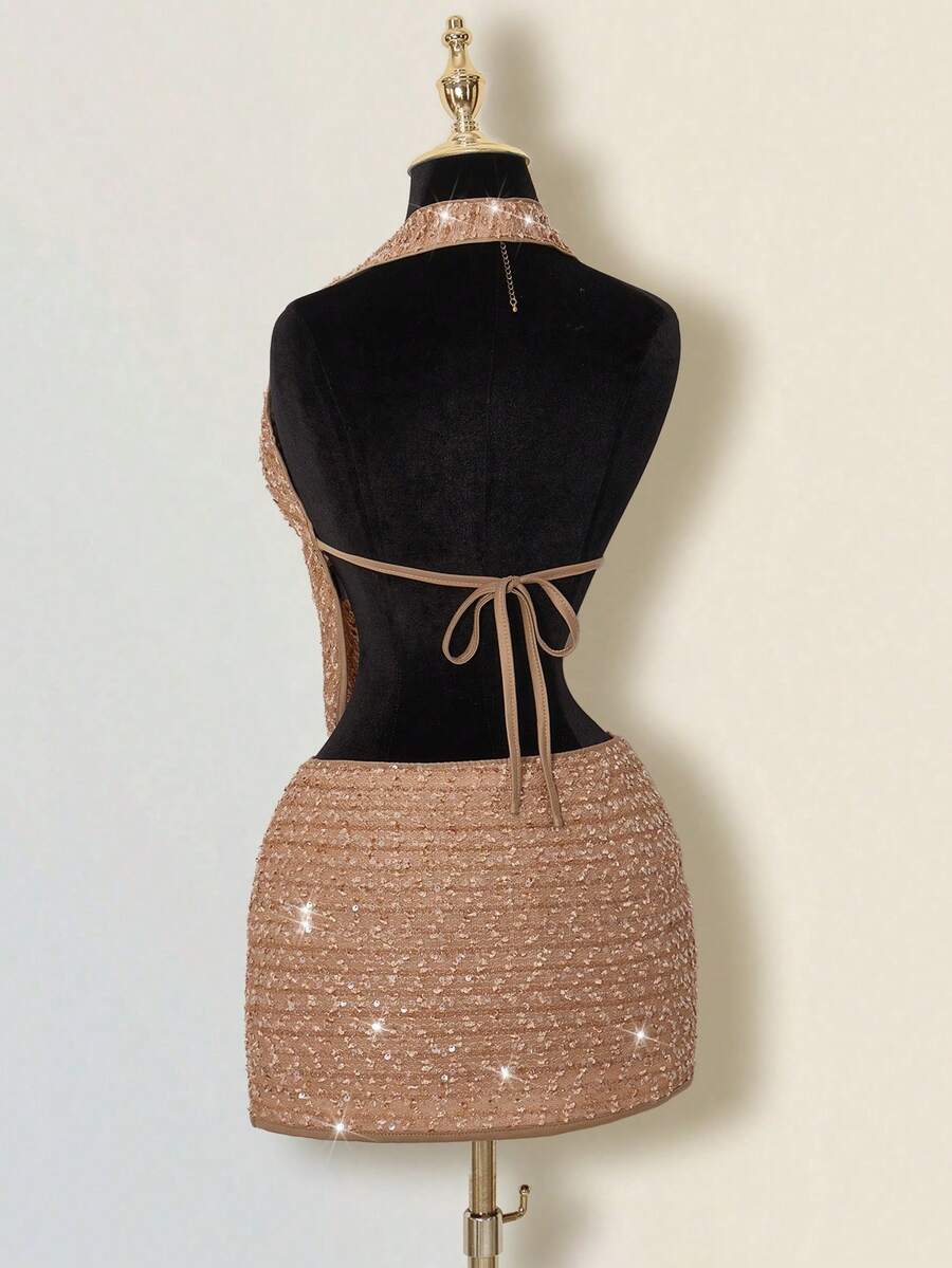 Claudia-Set de 2 piezas: top de tirantes ajustado con lentejuelas y flecos, y mini falda ajustada