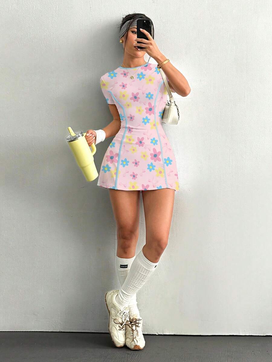 Daniela-Vestido deportivode manga corta y ajuste delgado con pantalones cortos y bolsillo para teléfono