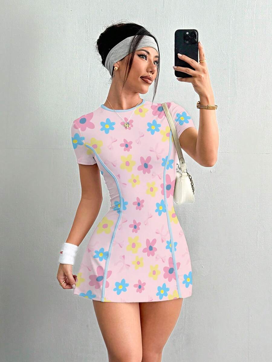 Daniela-Vestido deportivode manga corta y ajuste delgado con pantalones cortos y bolsillo para teléfono