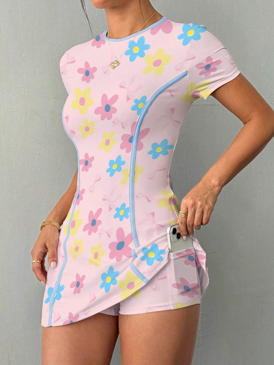 Daniela-Vestido deportivode manga corta y ajuste delgado con pantalones cortos y bolsillo para teléfono