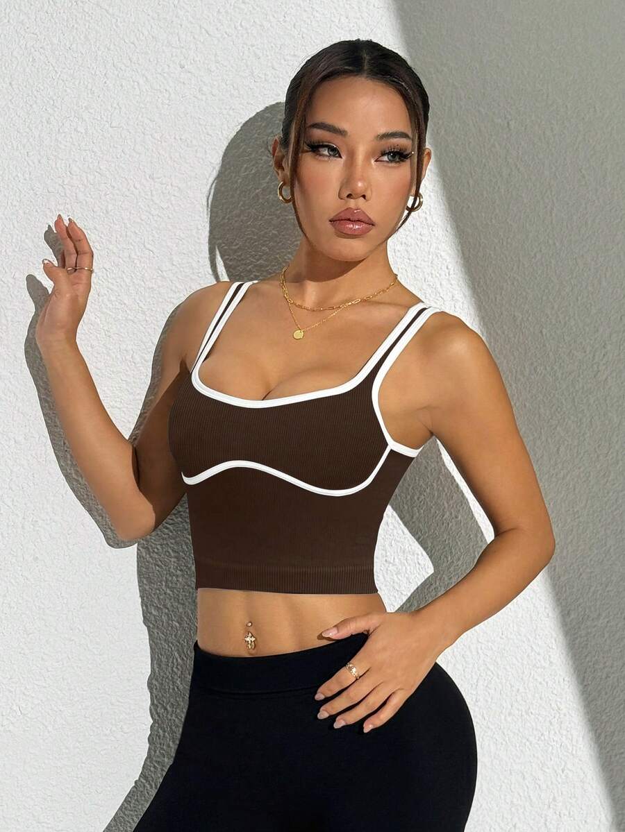 Janet-Top deportivo de tirantes casual y cómodo con ribete de contraste en el cuello en U