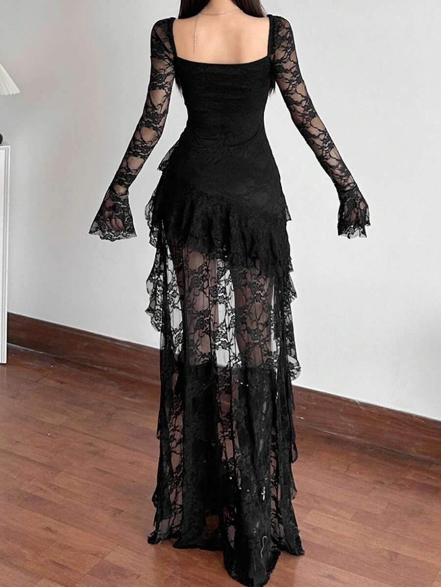 Cloe-Vestido manga larga con cuello cuadrado de cintura alta, unicolor y con aplicaciones de encaje