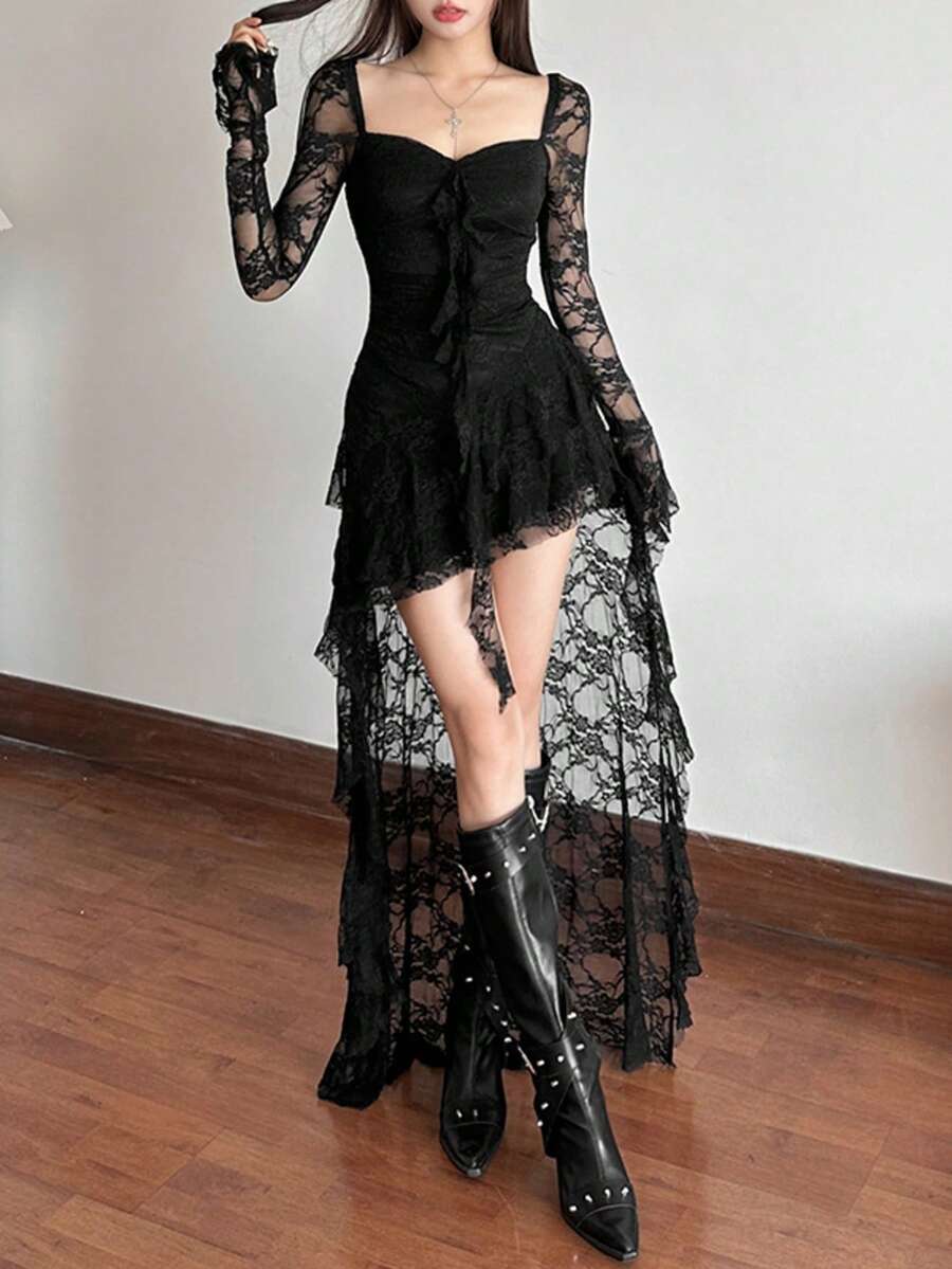 Cloe-Vestido manga larga con cuello cuadrado de cintura alta, unicolor y con aplicaciones de encaje