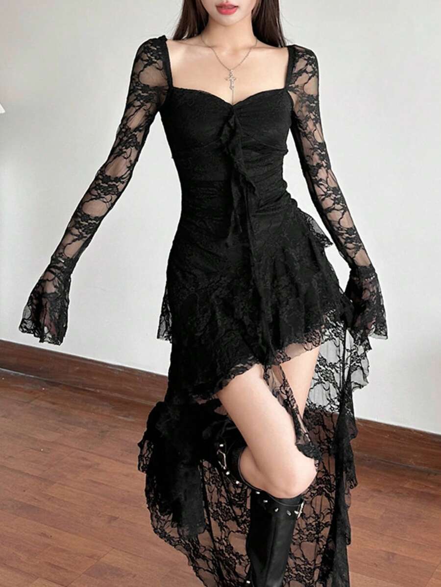 Cloe-Vestido manga larga con cuello cuadrado de cintura alta, unicolor y con aplicaciones de encaje