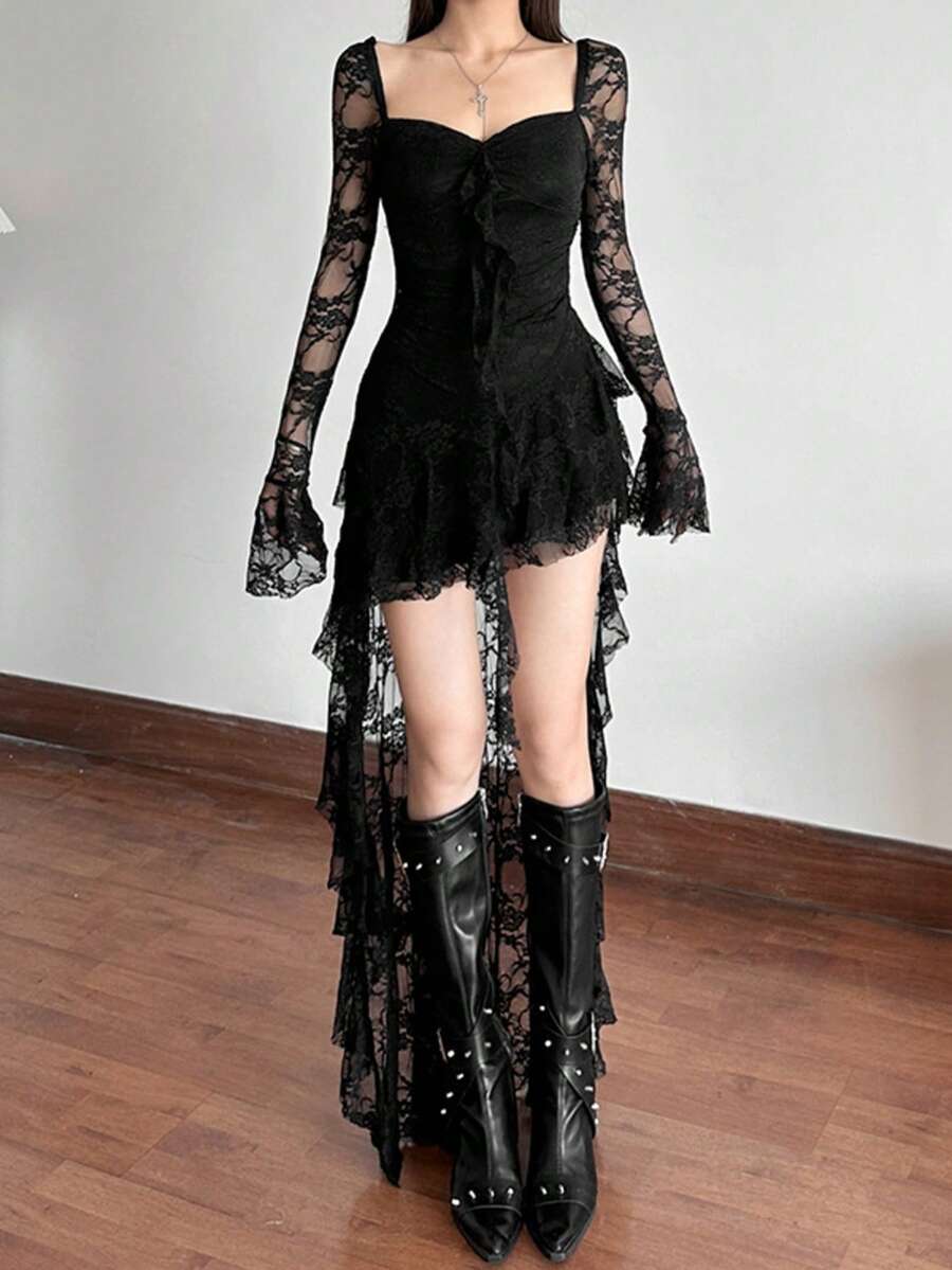 Cloe-Vestido manga larga con cuello cuadrado de cintura alta, unicolor y con aplicaciones de encaje