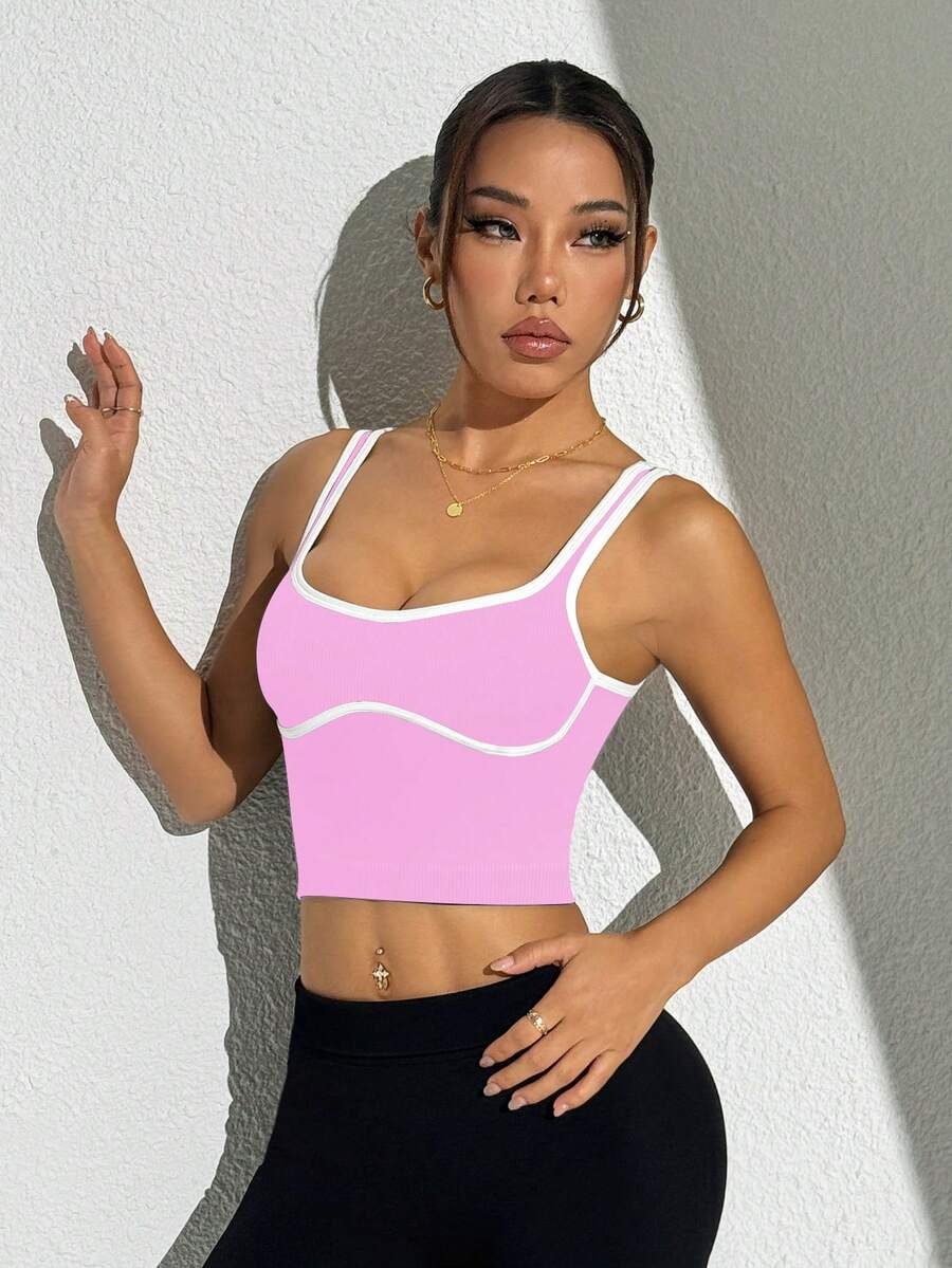 Janet-Top deportivo de tirantes casual y cómodo con ribete de contraste en el cuello en U