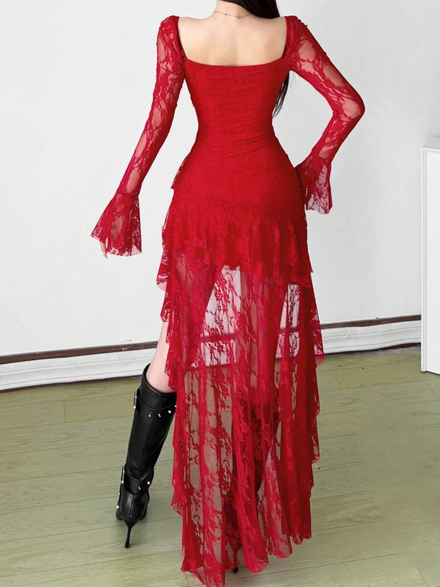 Cloe-Vestido manga larga con cuello cuadrado de cintura alta, unicolor y con aplicaciones de encaje