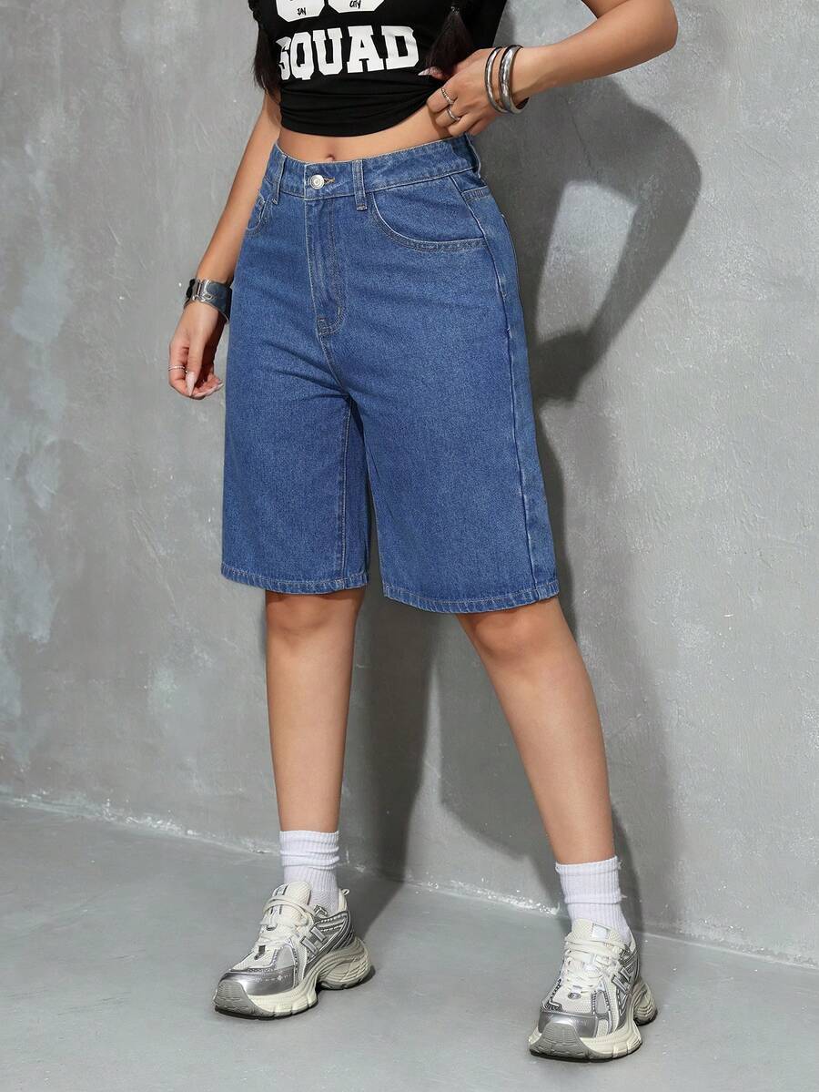 Celeste-Shorts de mezclilla simples casuales de unicolor para el verano