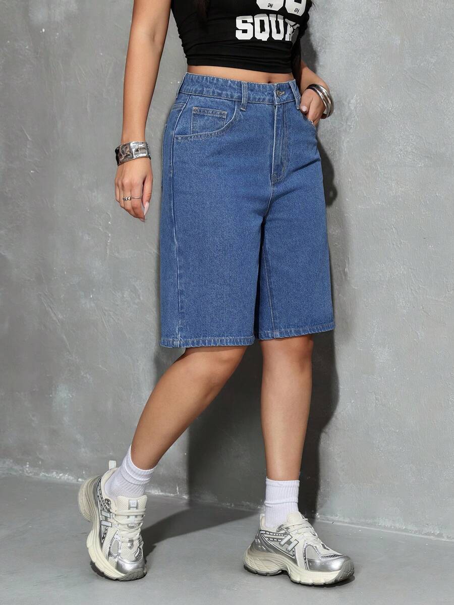 Celeste-Shorts de mezclilla simples casuales de unicolor para el verano