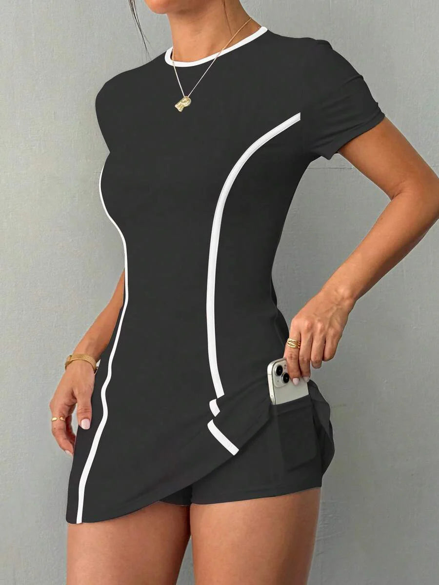 Daniela-Vestido deportivode manga corta y ajuste delgado con pantalones cortos y bolsillo para teléfono
