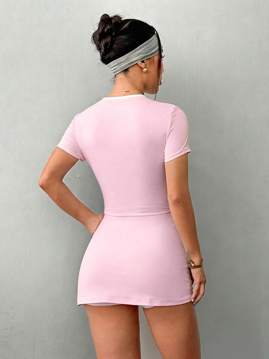 Daniela-Vestido deportivode manga corta y ajuste delgado con pantalones cortos y bolsillo para teléfono