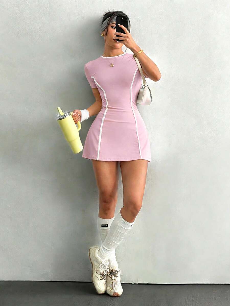 Daniela-Vestido deportivode manga corta y ajuste delgado con pantalones cortos y bolsillo para teléfono