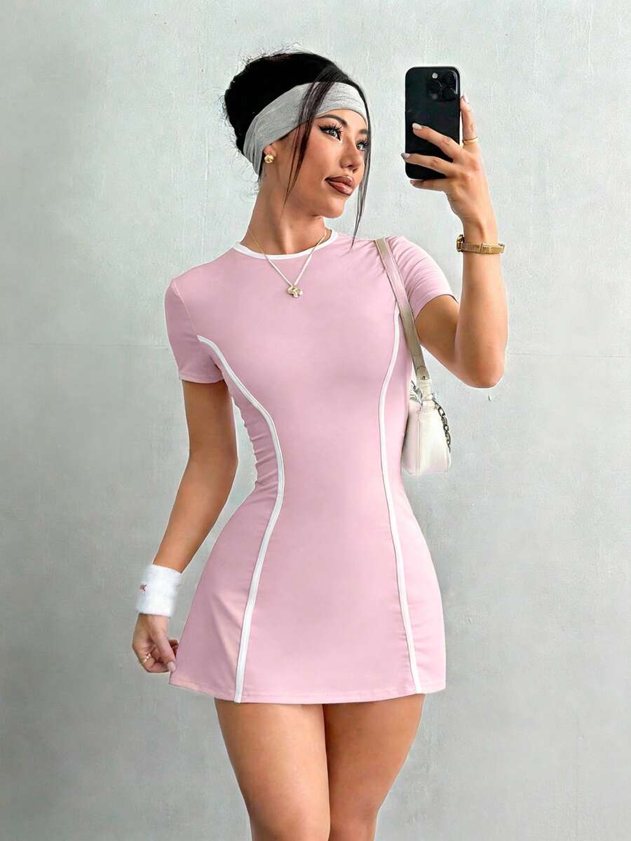 Daniela-Vestido deportivode manga corta y ajuste delgado con pantalones cortos y bolsillo para teléfono