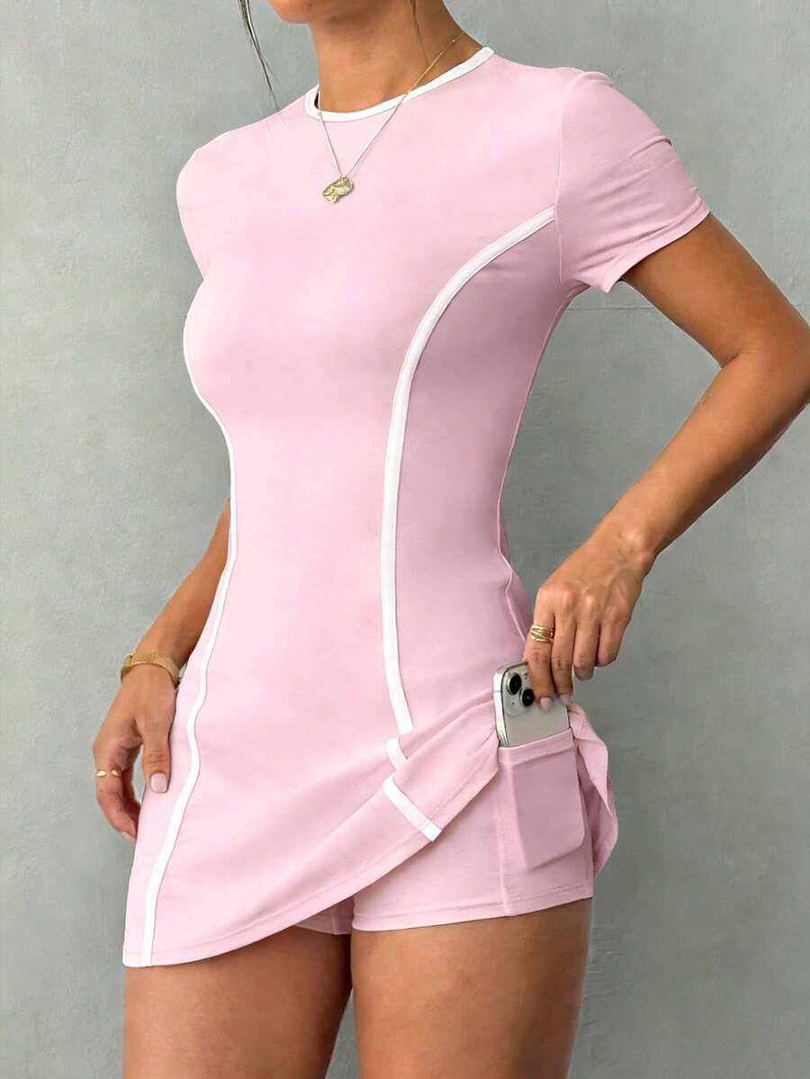 Daniela-Vestido deportivode manga corta y ajuste delgado con pantalones cortos y bolsillo para teléfono