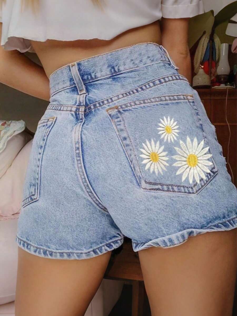 Elena-Shorts de verano casuales  con bolsillos y bordado de margaritas