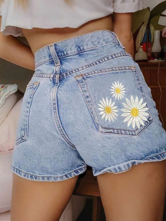 Elena-Shorts de verano casuales  con bolsillos y bordado de margaritas