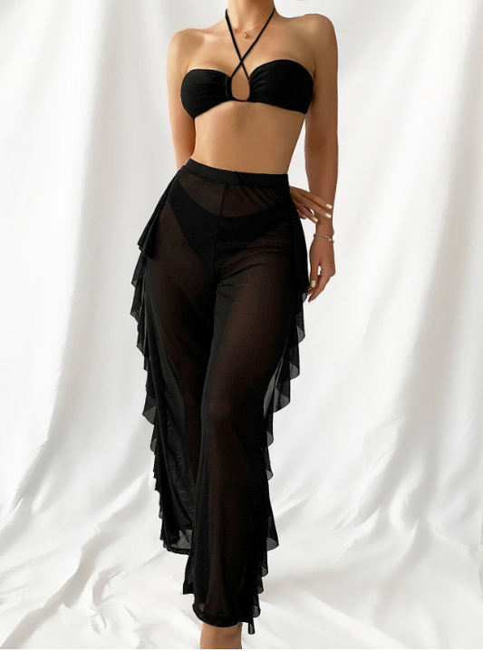 Triana-Bikini 3 piezas halter corte alto con pantalones cover up