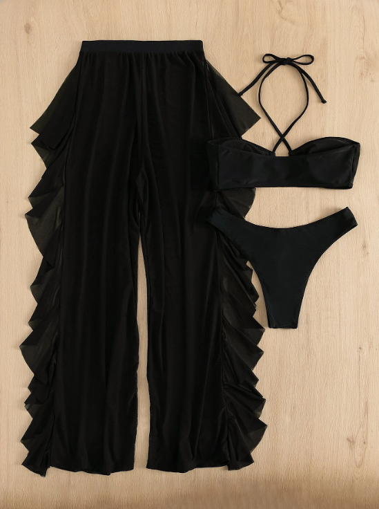 Triana-Bikini 3 piezas halter corte alto con pantalones cover up