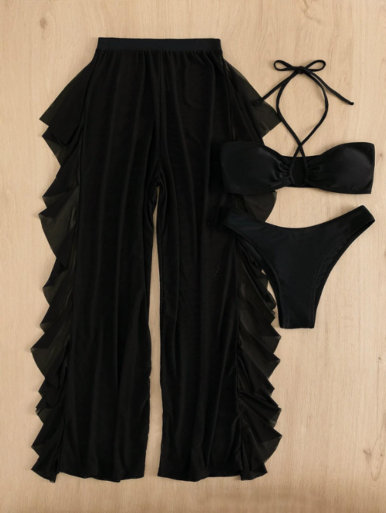 Triana-Bikini 3 piezas halter corte alto con pantalones cover up