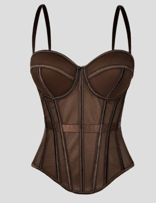 Elvira-Top tipo body de malla con diseño en espiga y rellenos para el pecho