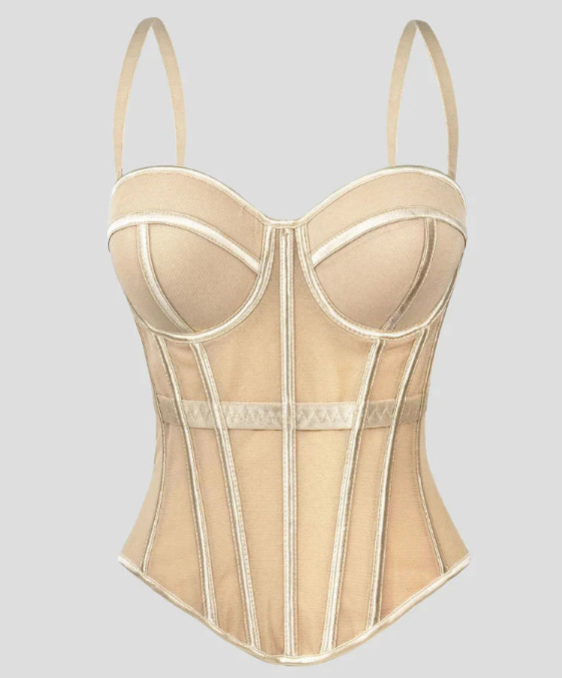 Elvira-Top tipo body de malla con diseño en espiga y rellenos para el pecho