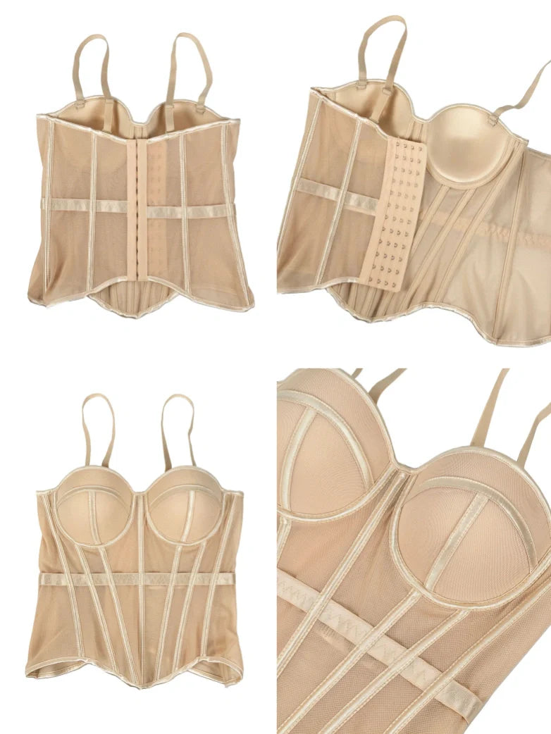 Elvira-Top tipo body de malla con diseño en espiga y rellenos para el pecho